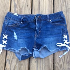 Lace up denim shorts